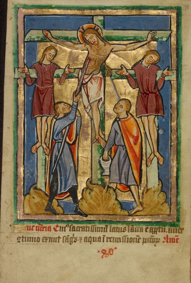 Illumination. A haloed man, Jesus, hangs from a cross at the centre of the composition in front of a gold background. A man below thrusts a spear into his side, and another holds up a sponge on a stick. Two men to either side of Jesus hang with their arms forced back over the crossbeam. All the people have pale skin and blond or light brown hair.