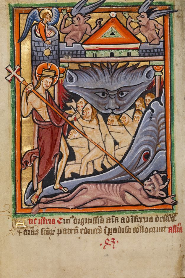 Illumination. A haloed man, Jesus, strikes down a demon with a cross-topped staff. Nude, pale bodies struggle in the mouth of an oversized grey-skinned demon. Two more winged demons blow horns atop a castle parapet near a winged angel with a gold halo.