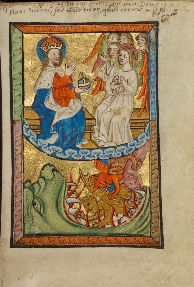 Illumination. Winged, pale-skinned angels gather in front of a crowned, enthroned man in an orange robe and blue cape in the top half of this painted parchment. Beast-like creatures tumble into the gaping mouth of a green demon below. Red lines, perhaps representing flame, flicker between the demon’s long, sharp teeth.