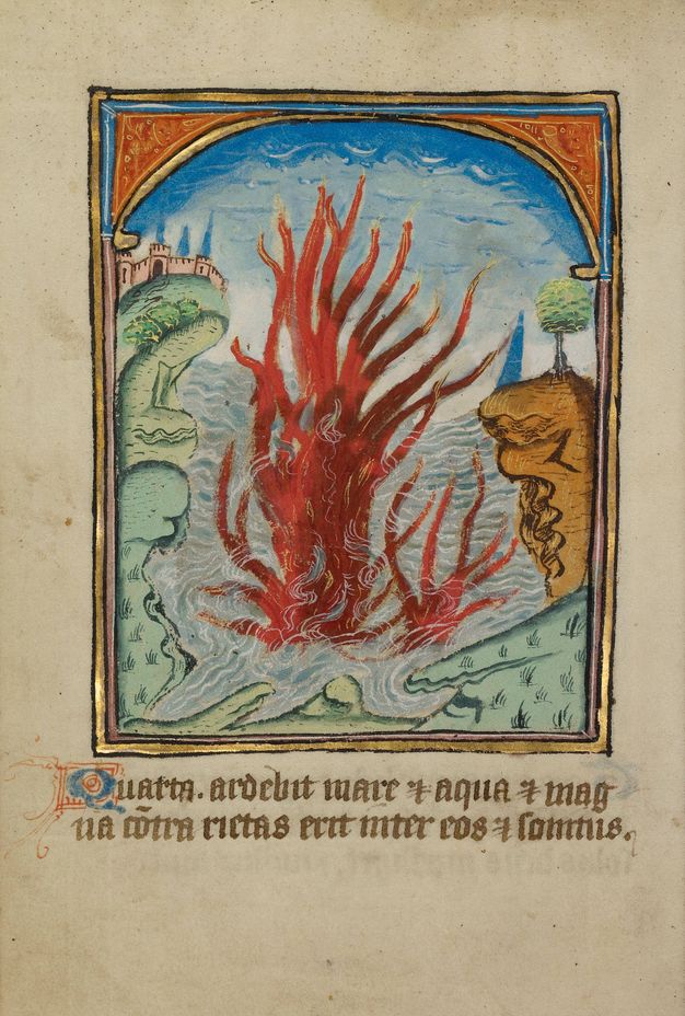 Illumination. Red flames shoot out of a body of water. Calligraphic writing in brown ink is below.