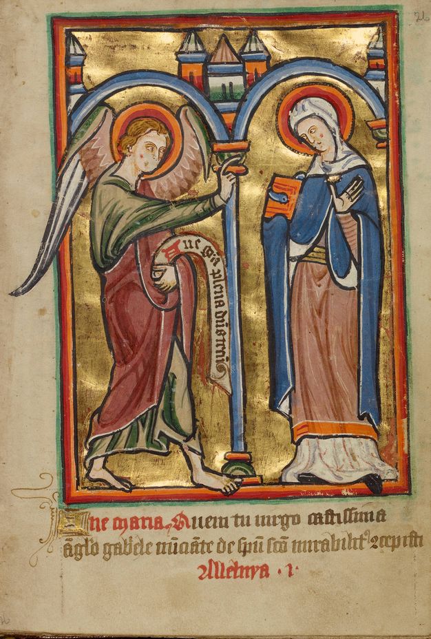 Illumination. A winged angel and a woman each stand under their own arch. The angel, Gabriel, holds a scroll with writing in one hand and holds up his other hand to the Virgin Mary, who stands to our right. Calligraphic writing in brown and red ink is below.