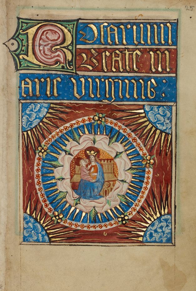Illumination. A woman wearing a crown, the Virgin Mary, holds a baby, the Christ child. They both have red halos and are surrounded by the petals of an open white rose. Sunbursts and ruffled patterns in burgundy red, azure blue, and shiny gold fill the page below gold text above.