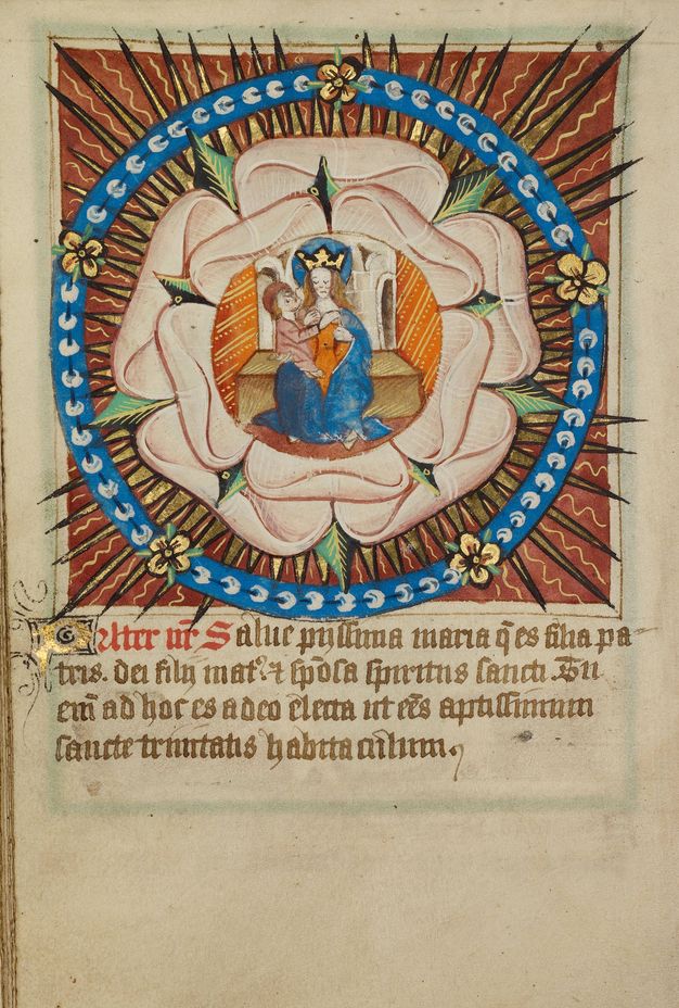 Illumination. A woman wearing a crown, the Virgin Mary, holds a baby, the Christ child. They both have halos, hers blue and his red. The pair are surrounded by the petals of an open, very pale pink rose. A gold sunburst flares between the rose and the red background. Text in brown and red ink is below.