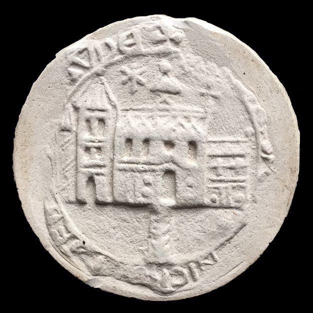 Seal. Cast of a round seal shows a church with a chancel and tower. A path leads to the arched doorway of the church. Traces of text remain around the edges.