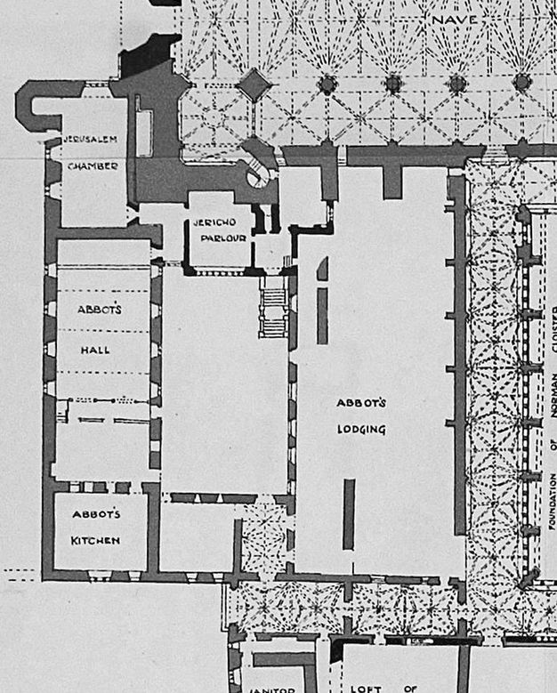 Plan. Living quarters off the nave of Westminster Abbey are labelled “Abbot’s Lodging”. Room include the “Jerusalem Chamber”, “Jericho Parlour”, “Abbot’s Hall”, and “Abbot’s Kitchen”.