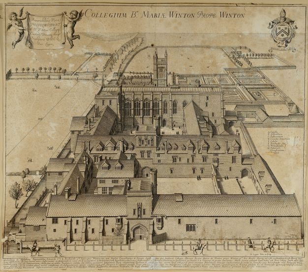 Print. We look slightly down onto the building complex of Winchester College, which is made up of long buildings surrounding two courtyards. A chapel and formal gardens are at the far end of this engraving. Latin text along the top reads, Collegium Bæ. Mariæ Winton Prope Winton”.