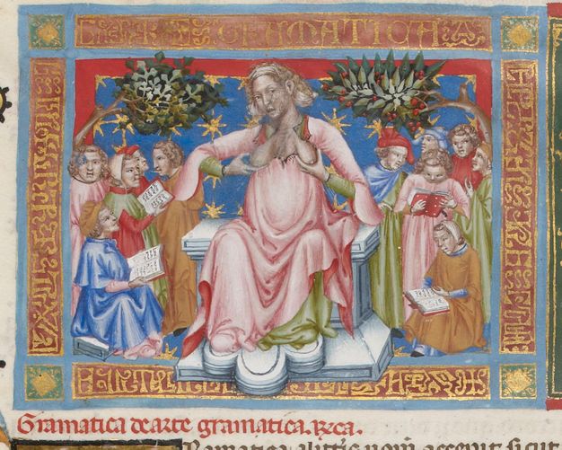 Illumination. A woman wearing a pink robe and sitting on a throne pulls out both breasts, which emerge near her collarbone. White lines indicate milk shooting from both. Ten men, in two groups of five, are to each side reading books or talking.