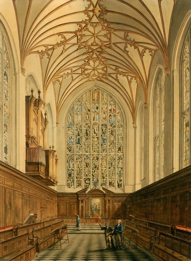 Watercolour. A pointed-arched stained glass window that fills the whole end wall opposite us dominates the space of this chapel. The lowest level has wood panelling around built-in bench seats. Windows soar to the intricate gold web of the groin vault above.