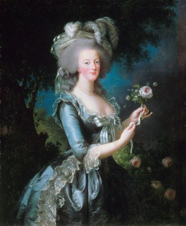 Painting. Shown from the hips up, a pale-skinned woman wearing a topaz-blue silk dress and elaborate feathered hat holds up a rose in a garden as she looks at us.