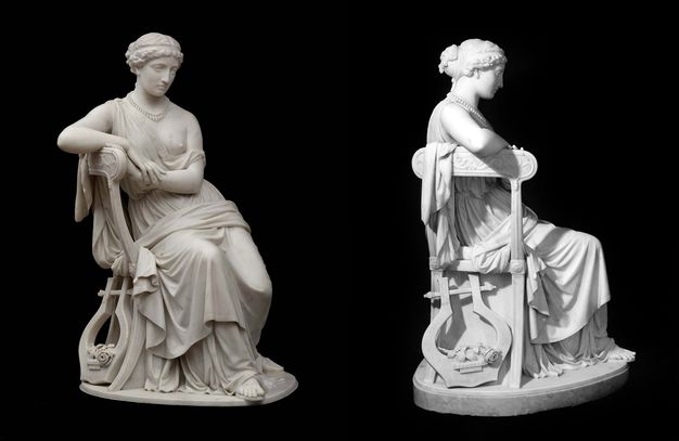 Sculpture. Two views of a white marble sculpture of a woman sitting sideways on a chair, one elbow resting on the back. A lyre leans against the back of the chair.