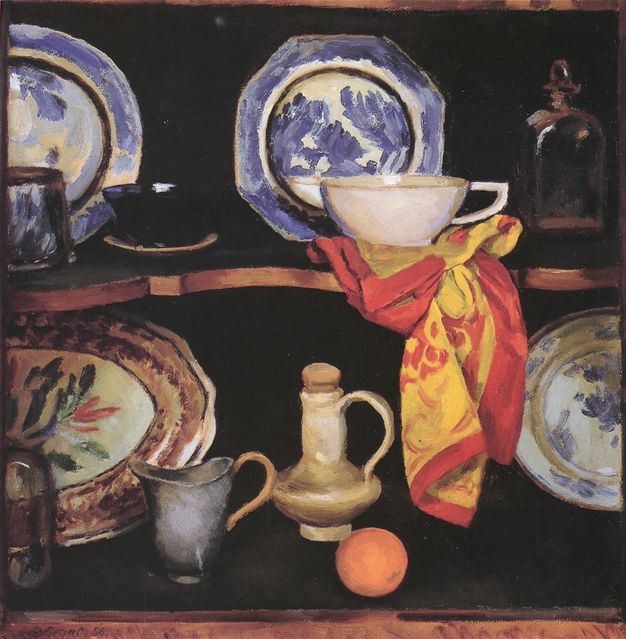 Painting. Two shelves in a shadowed cabinet are lined with blue and white plates, a black tea cup, a white teacup resting on a red and yellow piece of fabric, and other vessels and tableware. On the lower shelf, an orange sits near an off-white cruet.