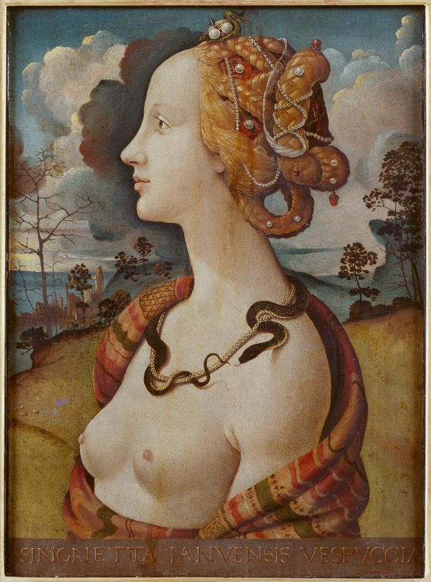 Painting. Shown from the chest up, a pale-skinned, bare-breasted woman faces our left in profile against a deep landscape. Her copper-blond hair is braided and looped around her head and then ornamented with pearls and other gems. A snake coils around a thick gold necklace resting on her chest. Text painted below reads, \“Simonetta Ianuensis Vespuccia\”.