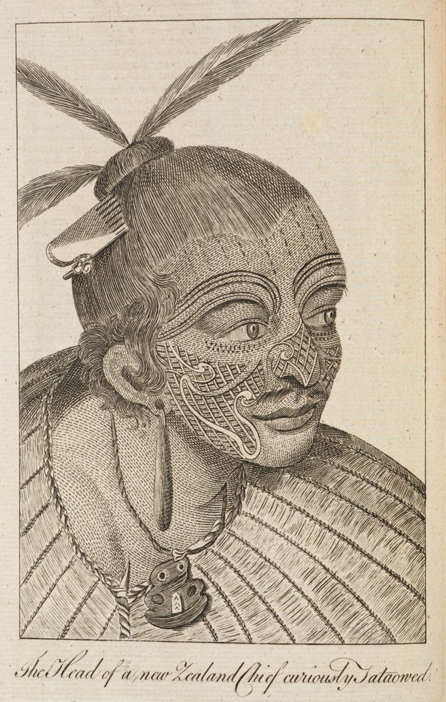 Print. The head and shoulders of a person who leans forward and looks to our right. Their face is decorated all over with patterns of lines and grids, and they have a comb and feathers in their hair. 