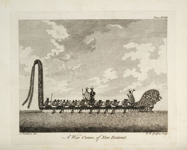 Print. Three men stand wearing feathered headdresses in a long canoe rowed by eighteen men. Filigree-like decorations at the front and back of the boat are outlined against the sky. 