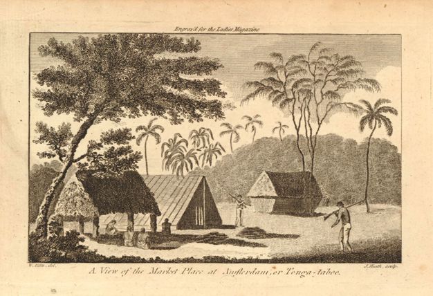 Print. Three A-shaped structures are on flat ground surrounded by palm trees. Several people sit in the shade provided by one structure that looks like a thatched roof on stilts to our left. Two men holding rifles over their shoulders are to our right. 