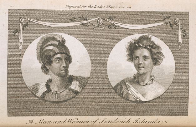 Print. Two roundels containing the head and shoulders of a man and a woman appear to be placed on a textured background in this engraving. In the roundel on our left, the man wears a feathered headdress and cape, and he looks off to our right. In the roundel on our right, the woman’s windblown hair is cut short. She wears a necklace and a garment that slips off one shoulder.