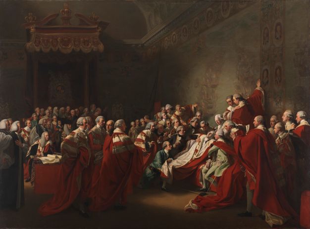 Painting. In a grand, semi-darkened room, dozens of pale-skinned men in grey or white wigs, most wearing red robes, cluster around or look towards a man to the right of centre who has fainted into the arms of those around him.