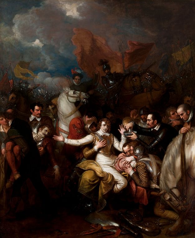 Painting. Pale-skinned soldiers huddle around a young man wearing a cream-white suit under an armoured breastplate with a wound in his upper thigh. A man next to him offers him water he is pouring into a bowl. The young man holds up one hand and gestures with the other at another man with ashen skin to our left. Horses, soldiers, banners, and thick clouds fill the background of this vertical painting.