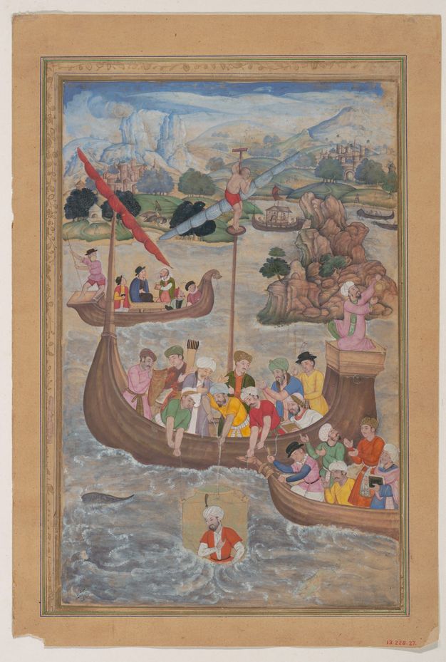 Illumination. Men in colourful clothing filling two boats watch as a man is lowered in a net into the water. Some of the men wear turbans and some brimmed hats. A third boat lies slightly further off, and there are more boats along the distant shoreline. Mountains are misty blue along the high horizon.