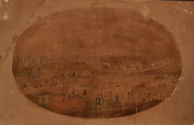 Watercolour. An oval-shaped scene is darkened and mostly brown, so details are difficult to make out. People appear to walk or move along a shoreline across the bottom part of the composition. Sailboats densely crowd the sea beyond.