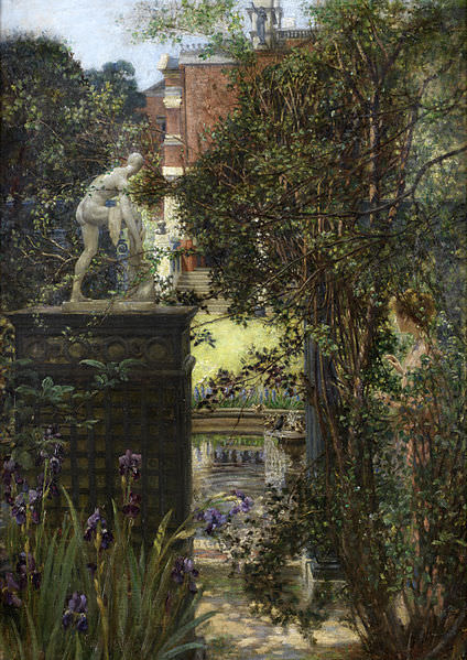 Painting. A narrow view between a trellis wall and tall trees gives a glimpse of a grassy lawn leading back to a brick house. Slowly we realize that a pale-skinned woman stands screened by the trees to our right.