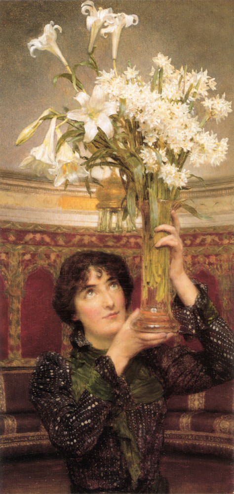 Painting. Shown from the waist up, a pale-skinned woman holds up a bouquet of trumpeting lilies and ruffled narcissi. Holding the clear glass vase by her face, she looks up at the flowers with blue eyes. She has dark hair and strong features. A row of seats are built into the curved space behind her.