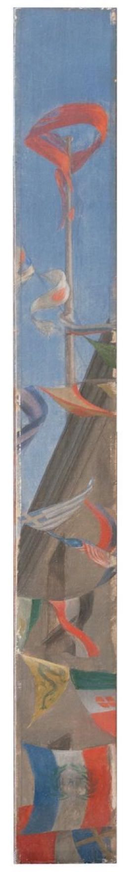 Painting. About a dozen flags, pennants and banners flutter against a building and a blue sky in this tall, very narrow painting.