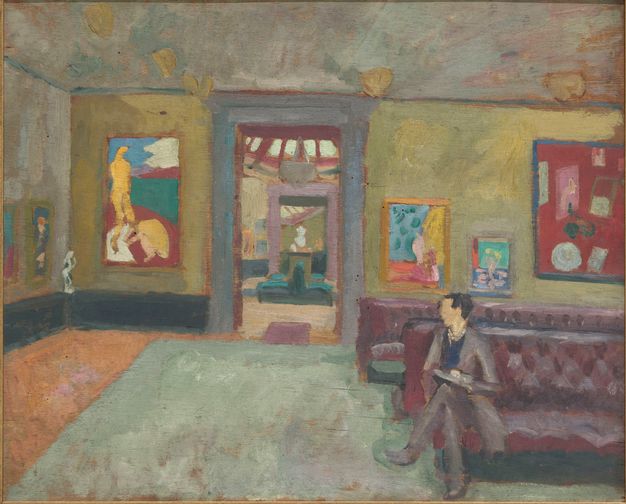 Painting. Created with visible dabs, strokes, and swipes of paint, a man sits in a gallery hung with vibrantly coloured paintings. A doorway on the wall across from us leads to other spaces. The colour palette is mostly muted burgundy red, sage and olive green, and saffron orange.