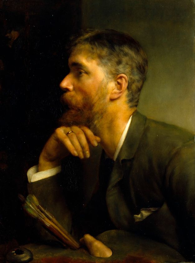 Painting. The head and shoulders of a pale-skinned, bearded man fill this vertical portrait. Wearing an artist’s coat, he leans forwards to rest his chin on the back of one hand so we see him in profile. In the other he holds a paint palette and brushes. The right half of the background is muted green and the left half black, so his profile, the edge of that hand, and his white shirt cuff stand out in stark contrast.