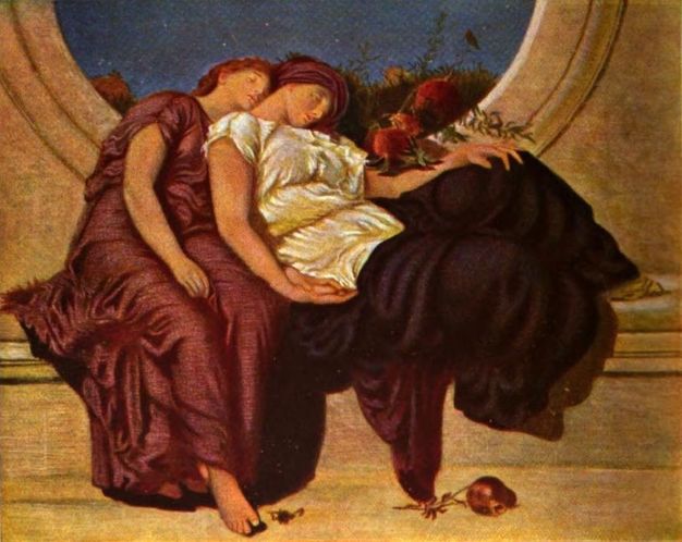 Painting. Two pale-skinned women rest back into the bottom of a round window, one spooned in front of the other. Their arms drape like double parentheses on voluminous robes. A sliver of night sky fills the view through the window.