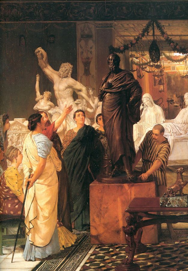 Painting. Several men and women stand or sit around a bronze statue of a man wearing a tightly wrapped toga. White marble sculptures span the background of this vertical painting.