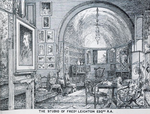 Illustration. A densely furnished and decorated room has a semicircular apse with a half dome across from us. In close foreshortening, a portrait painting is on an easel to our left.