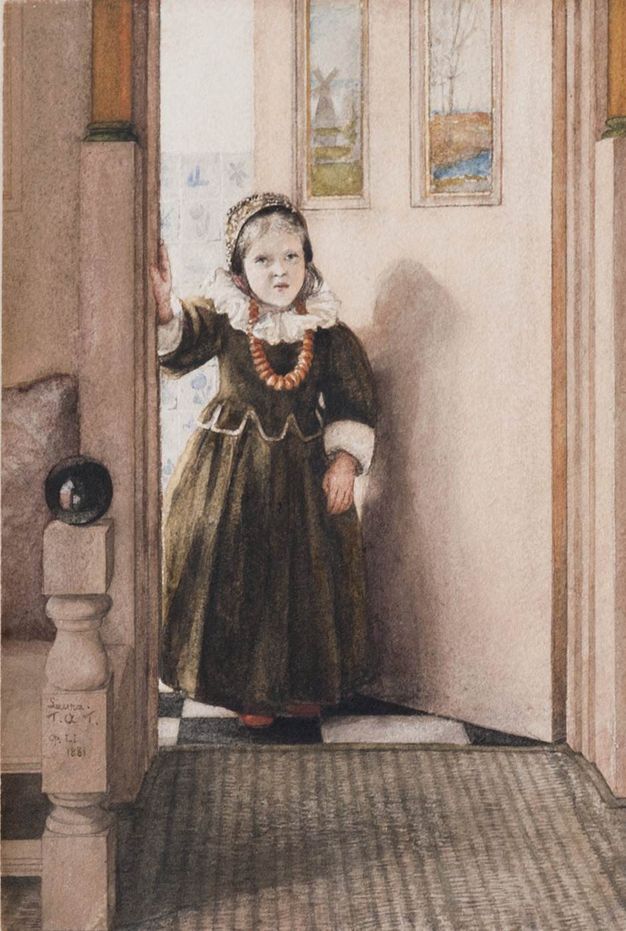Watercolour. A young child wearing a long, dress-like garment stands in an open doorway, one hand on the jamb. Their nose is scrunched and lips pursed as they look up.