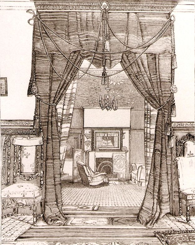 Illustration. This black and white image shows layered curtains opening onto a room with works of art, including fans, arranged around a fireplace. A chandelier hangs above, and area rugs make a field of patterns across the floor.