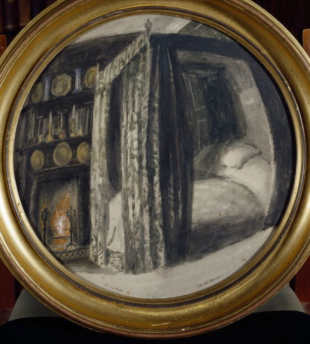 Watercolour. In a round, gold frame, this painting shows a curtained bed and fireplace as if in a mounded, convex mirror. The bed curtains are patterned in grey. Gold dishes, candlesticks, and porcelains line theleves above the roaring fire.