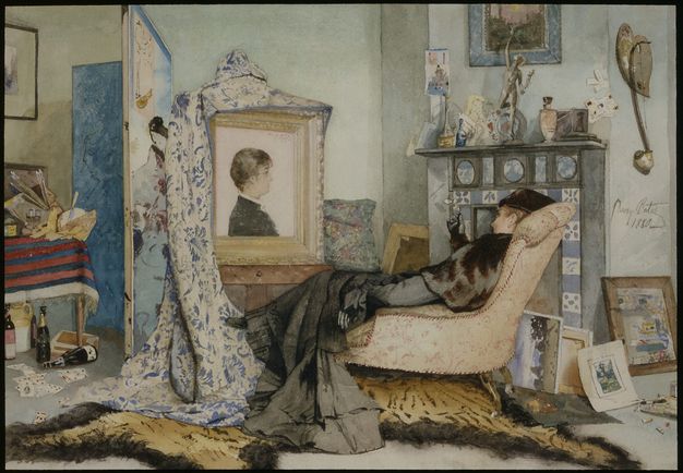 Watercolour. A woman wearing a long black dress, a short cape, and a hat leans back in an upholstered armchair, legs crossed, as she looks at a profile portrait painting. The portrait is in a thick gold frame. A cloth with Delft-blue patterns on white drapes across the top and down one side. A Japanese screen, a tiger’s pelt, artist’s tools, playing cards, champagne bottles, and works of art clutter the space.