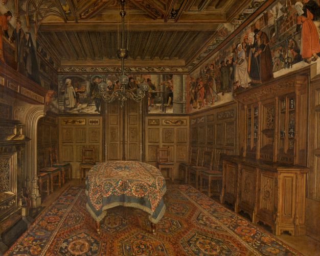 Painting. A wood-panelled room with a patterned area rug is painted with scenes wrapping around the top third of the walls, under the carved ceiling. A chandelier hangs over a table draped with a patterned cloth. The paintings show people in what appears to be a continuous scene.