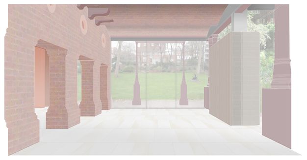 Digital rendering. A brick wall to our left is pierced with three square openings. An expanse of pale flooring leads to a wall of windows opposite us. A green lawn and brick house lay beyond.
