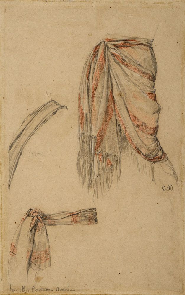 Drawing. A striped, fringed cloth wrapped around a man’s waist is drawn in brick red and grey on tan paper. Two additional studies of fabric are to the left and below.