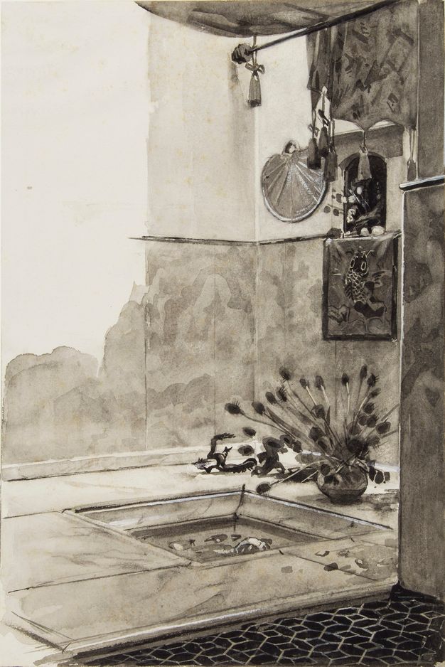 Drawing. An enclosed courtyard is hung with a fan and cloth, possibly embroidered, of a koi fish. Long-stemmed flowers spray from a low pot near a basin set into the pavement. The scene is painted with grey ink and washes.