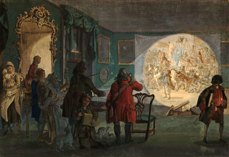 Drawing. Nine men, women, and children plus a cat with her two kittens and a dog look with mouths agape or brows lifted at a projected image of a procession. The people all have pale skin except for a dark-skinned man walking away from the group to our right.