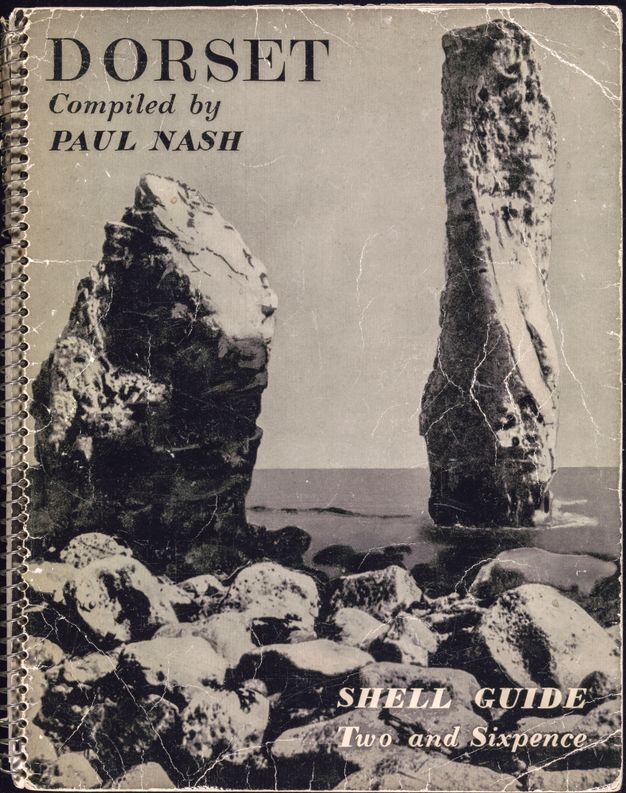 Book cover. Black and white view of a rocky beach has two tall rocks sticking out of calm water like broken bones. The title appears at the top left of this spiral-bound book. In the lower right, text reads “Shell Guide Two and Sixpence”.