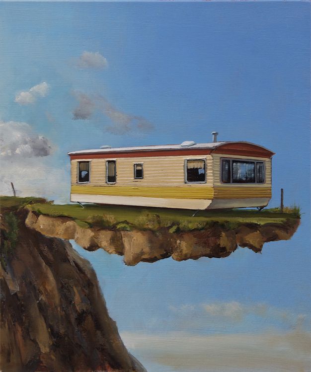Painting. A caravan sits on a piece of earth that levitates in midair against a blue sky. A sheer cliff face is to our left.