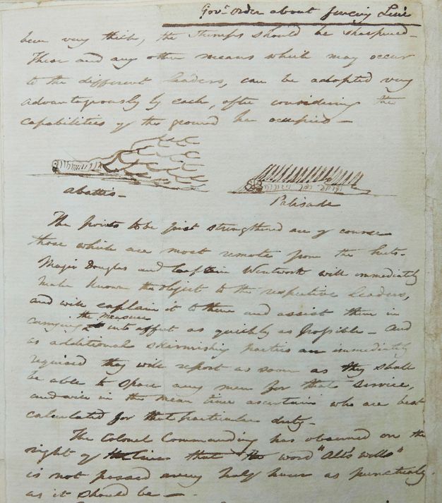 Handwritten document. Slanting writing fills most of the page around drawn illustrations showing first a felled tree. In the second sketch, branches have been sharpened to create a barrier.