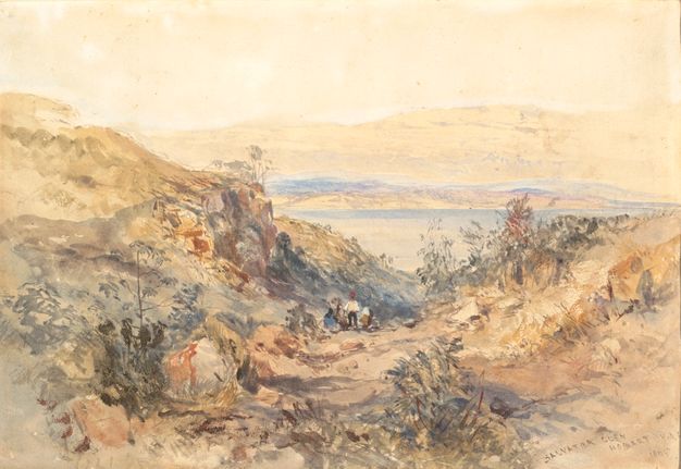Watercolour. Sand-coloured hills with some scrubby growth rise to either side of a valley that extends away from us. A band of pale blue water leads back to more parchment-brown mountains in the distance.