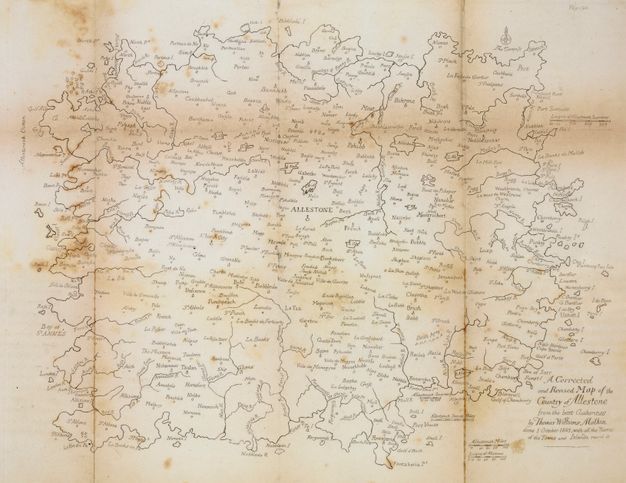 Map. A roughly square-shaped piece of land is titled in the lower right corner. Town names are too small to read in this image.