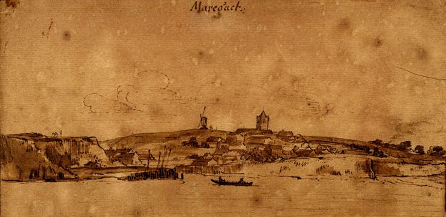 Drawing. Sketched with brown ink on yellowed paper, water separates us from a town nestled along the foot of a low swell on the far bank. A rowboat is a dark silhouette near the bottom centre of the picture, and a windmill and steeple are outlined above the horizon line.