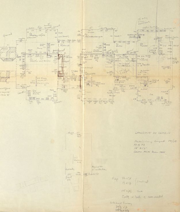 Drawing. A hand-drawn floor plan is revised in a few areas and heavily annotated throughout. 