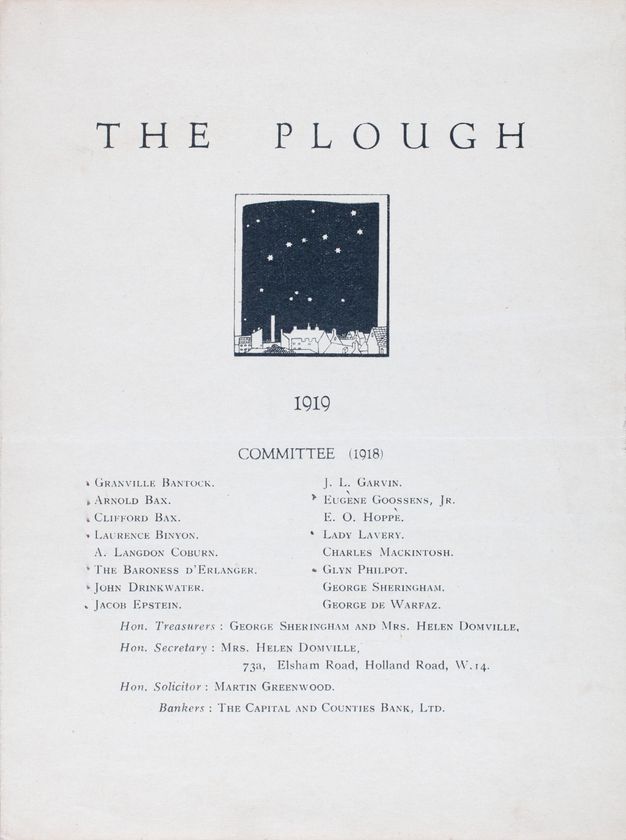 Page of a leaflet. A small square illustration at the centre of the sheet shows a starry night sky over a town skyline. The title and date are printed above and below the image, respectively. Nineteen names printed in two columns follows.