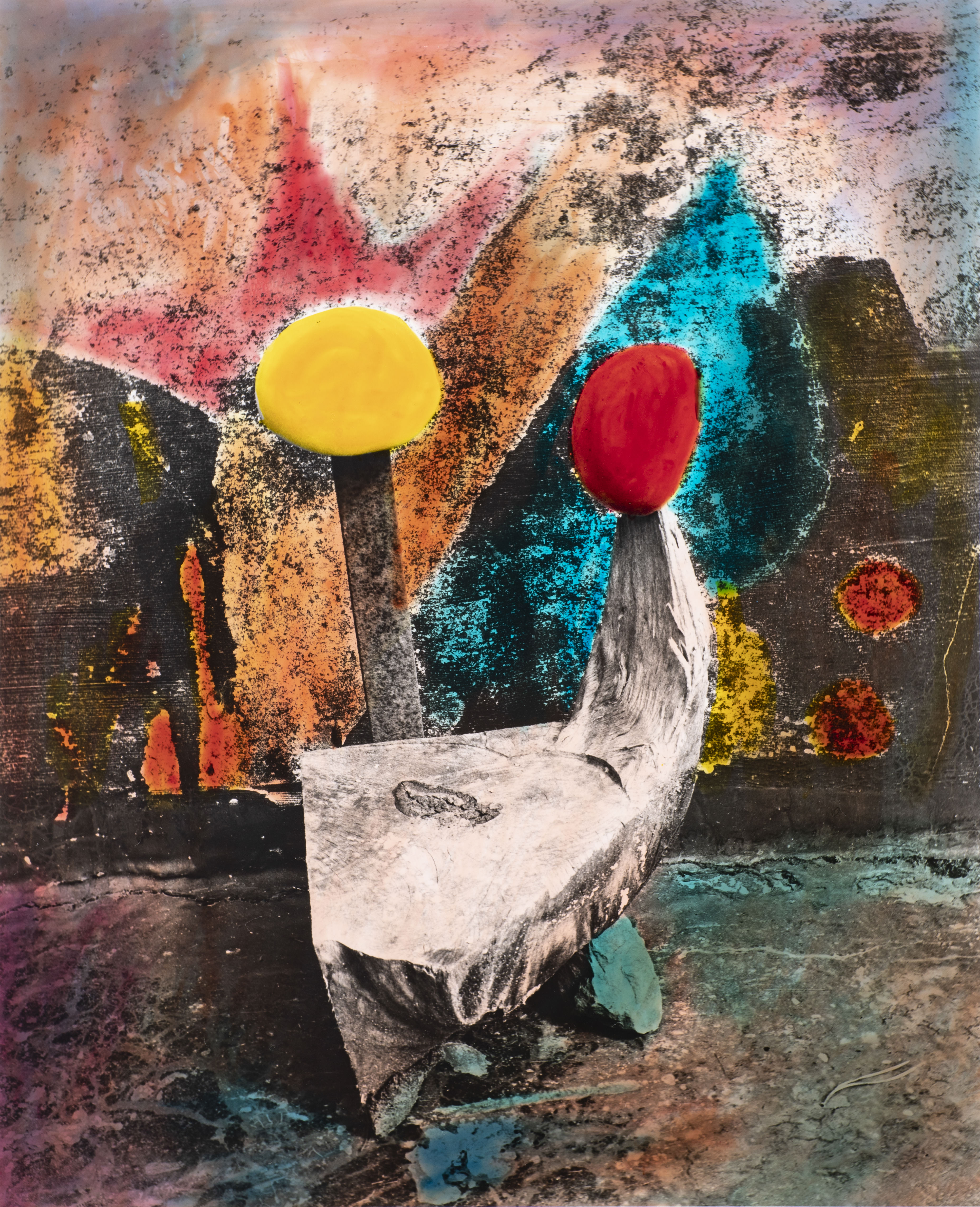 Hand-coloured black and white photograph. Saturated yellow, blue, orange, and yellow fields in this photograph create an abstracted composition. The surface is mottled, as if seen through a tarnished mirror.
